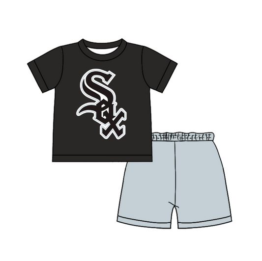 Custom moq 5 mix size milk silk summer teams Baby Boy's black Short-Sleeved O-Neck Top And solid color Shorts Set