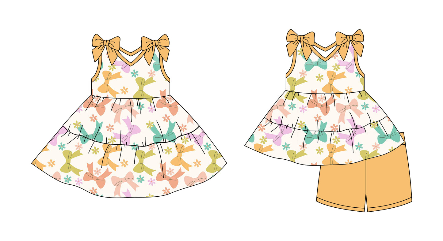 3.1 custom each style moq 5eta 4-6week Sibling Sister bow floral baby girl short sleeve shorts sets and dresses match design