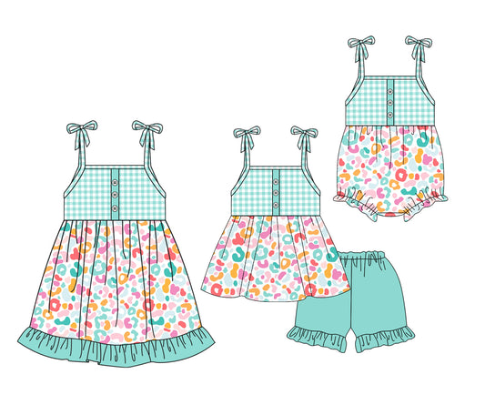 4.2 custom each style moq 5eta 4-6week Sibling Sisters leopard baby girl short sleeve shorts sets and dress and rompers match family design