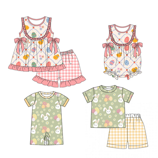 25.12.27 custom each style moq 5 eta 6-8week Sibling Sister bunny baby short sleeve shorts sets 2 and romper 2 match design
