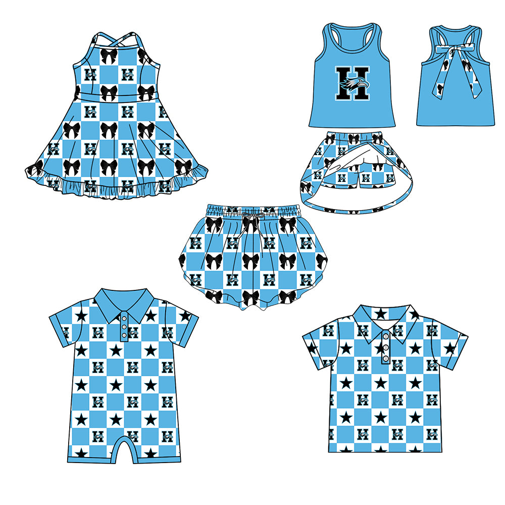 Custom moq 5 mix size milk silk summer teams Baby Girl Blue Sleeveless Top Skirts Set Dress And Shorts Yoga Checked Outfit Boy's Checked Short-Sleeved Polo Shirt And Romper