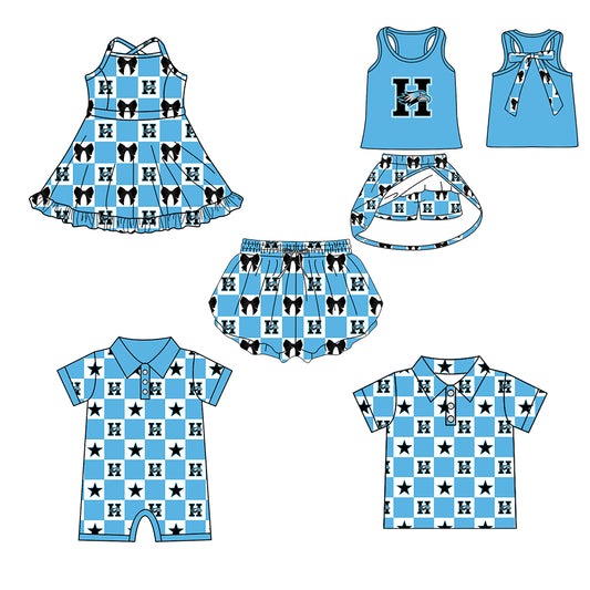 Custom moq 5 mix size milk silk summer teams Baby Girl Blue Sleeveless Top Skirts Set Dress And Shorts Yoga Checked Outfit Boy's Checked Short-Sleeved Polo Shirt And Romper