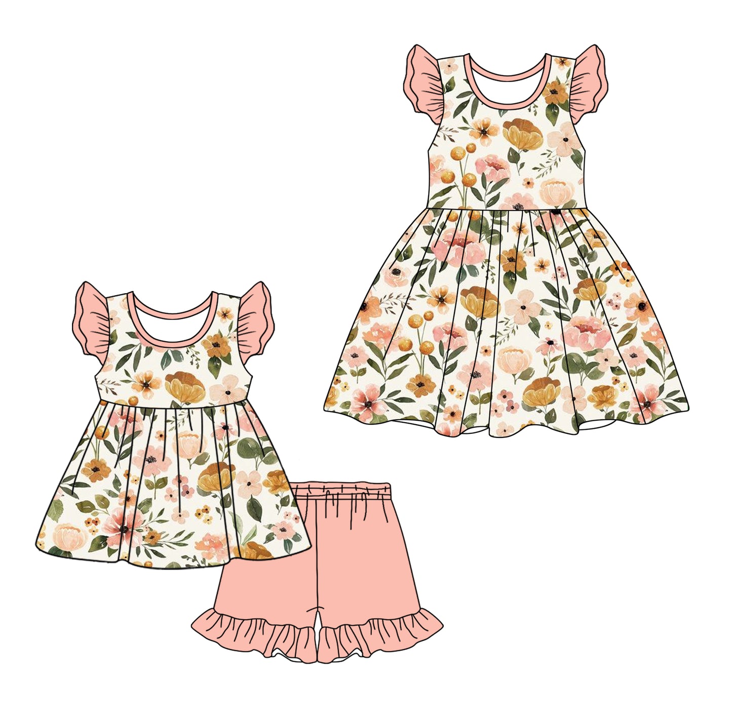 12.17 custom each style moq 5eta 4-6week Sibling Sister floral baby girl short sleeve shorts sets and dresses match design