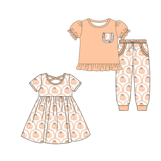 5.6 custom each style moq 5eta 4-6week Sibling Sister pumpkin baby girl pants sets and dress match family design