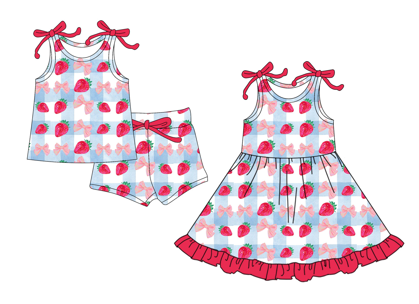 25.12.8 custom each style moq 5 eta 6-8week Sibling Sister strawberry bow baby short sleeve shorts sets and dress match design