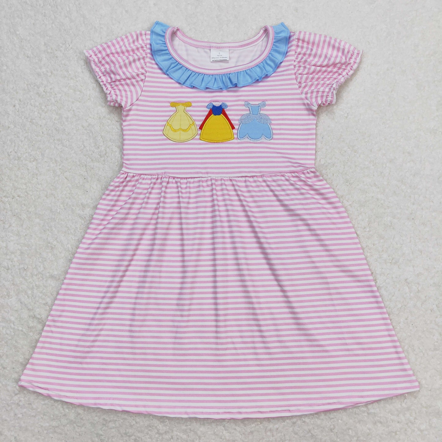 Cute Clothes GSD0856 Baby Girl's Pink Striped Dress with Blue Lace Embroidery Cute Clothing