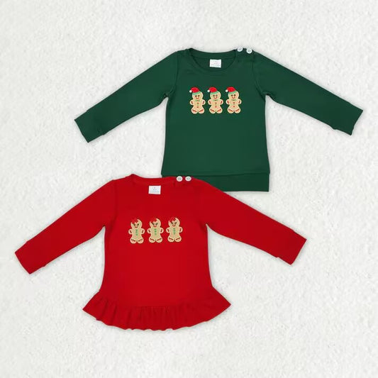RTS NO MOQ  Christmas Cookie Bear Long Sleeve Top: Red & Green