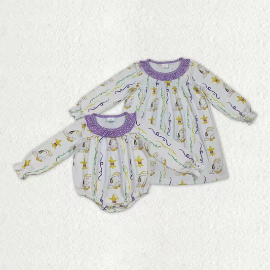 RTS NO MOQ Sibling baby girl clothes mardi gras long sleeve dress and romper