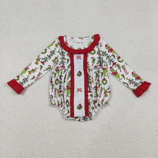 RTS NO MOQ（In Stock) LR2635 White long-sleeved bodysuit with embroidered cartoon bow pattern and wreath red lace