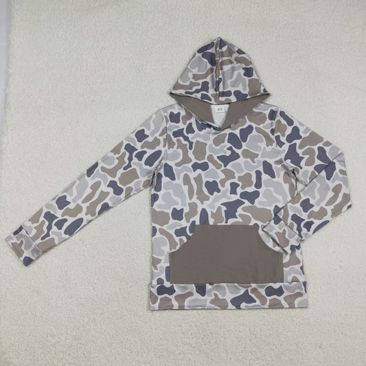 RTS NO MOQ（In Stock) Adult Men's Pocket Gray-Brown Camouflage Hooded Long-Sleeve Top