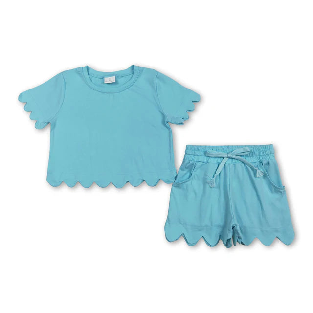 RTS NO MOQ Sibling Baby Girls Lavender Short Sleeve Shirts Top Scallop Shorts Clothes Sets