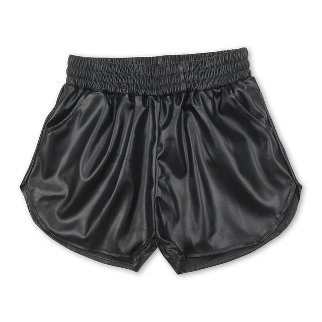 RTS NO MOQ Sibling Baby Girls  Pockets Leather Metallic Elastic Bottom Shorts