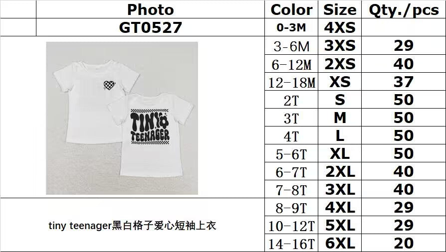 RTS NO MOQ（In Stock) GT0527 tiny teenager black and white plaid love short-sleeved top
