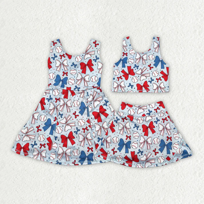 RTS NO MOQ Girls clothes baseball bow yoga short sleeve Clothes Sets dress