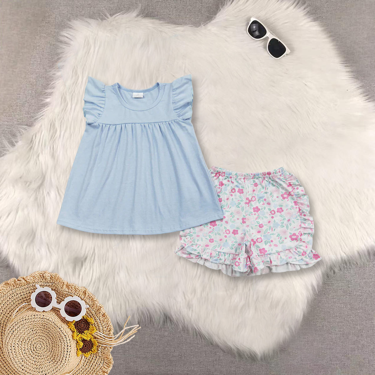 RTS summer Girls Clothes floral Short Sleeve Shorts Set