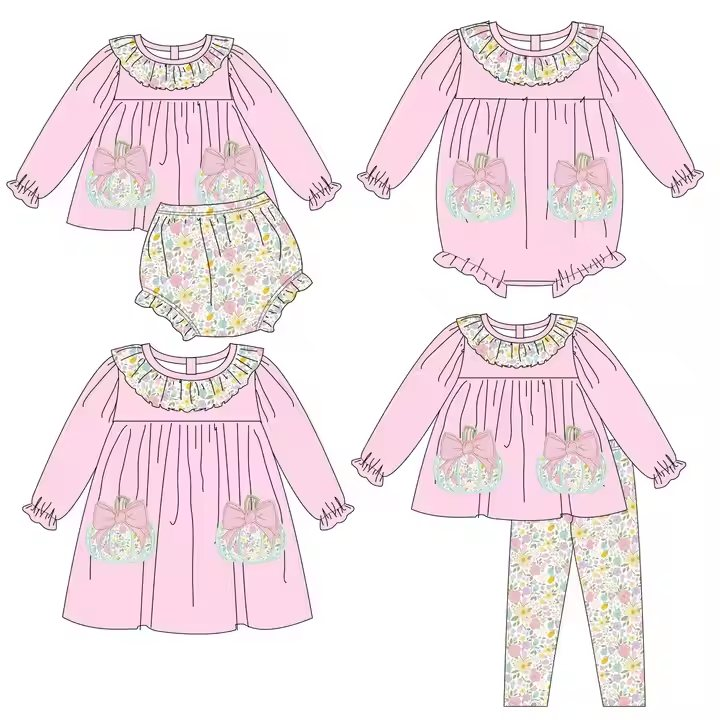 Custom moq 5 each style eta 6-7weeks baby girl clothes pumpkin bow long sleeve pant sets and dress and romper and briefs sets-25.7.25