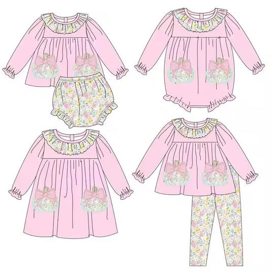 Custom moq 5 each style eta 6-7weeks baby girl clothes pumpkin bow long sleeve pant sets and dress and romper and briefs sets-25.7.25