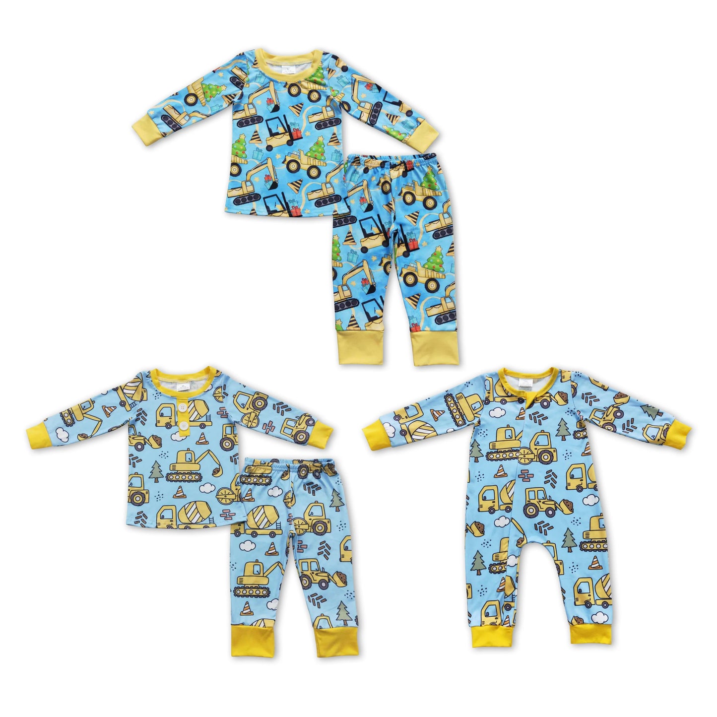 RTS NO MOQ BLP0309 LR0492 BLP0243  Yellow excavator pattern blue long-sleeved suit & romper