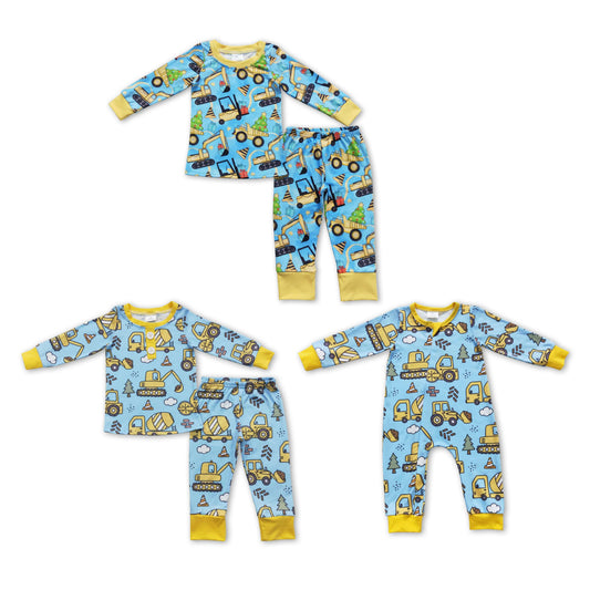 RTS NO MOQ BLP0309 LR0492 BLP0243  Yellow excavator pattern blue long-sleeved suit & romper