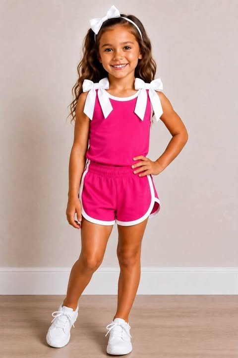 custom moq 5 mix size Baby Girls Hot Pink White Trim Bow Strap Sleeveless Tank Top And Shorts Two Piece Summer Outfit Set