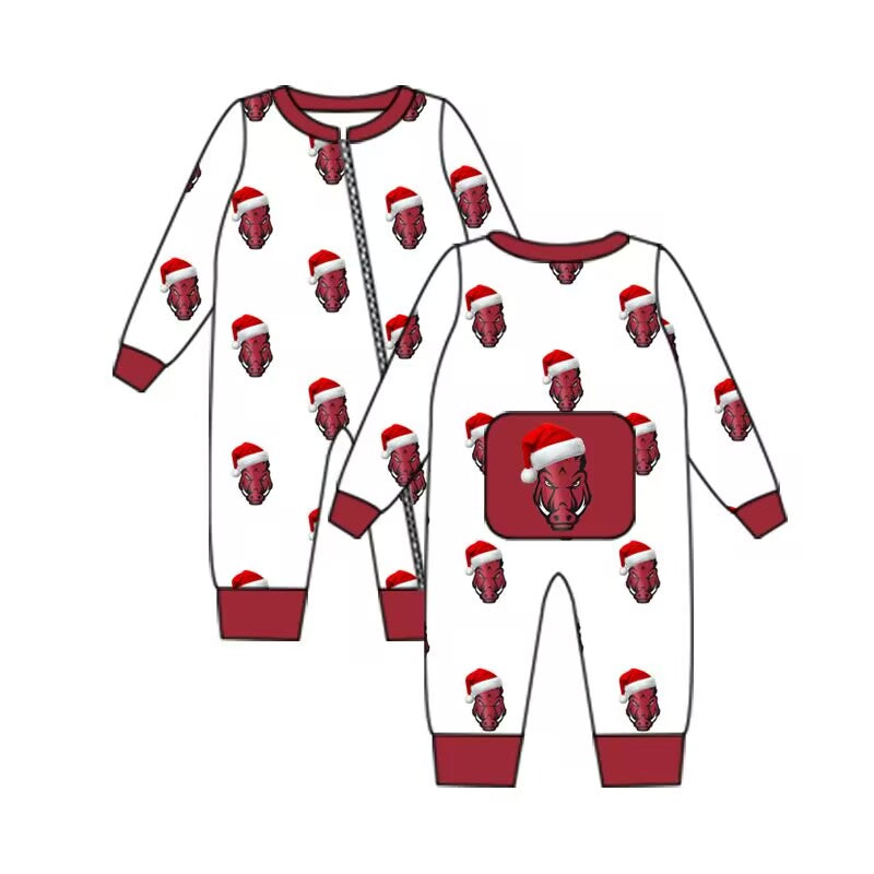 Custom moq 5 eta 6-8weeks baby boys clothes team Christmas brick red long sleeve romper
