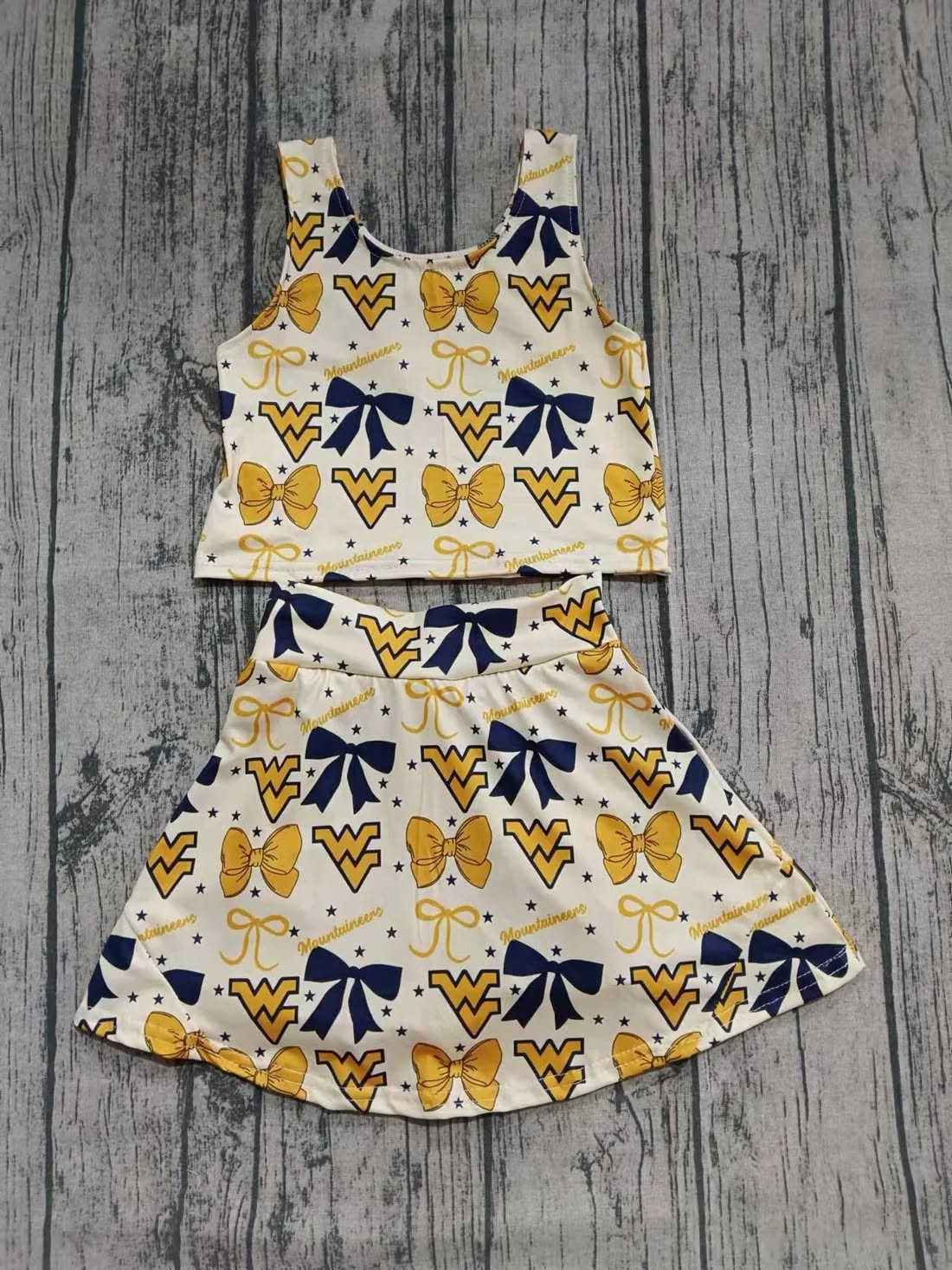 Custom moq 5 each style eta 6-7weeks baby girl clothes team bow yellow sleeveless skirt sets-25.8.21