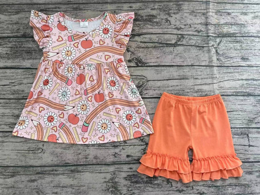 Back to School Pencil Sunflower Fly Sleeves Pink Wood Ear Trim Shorts Set