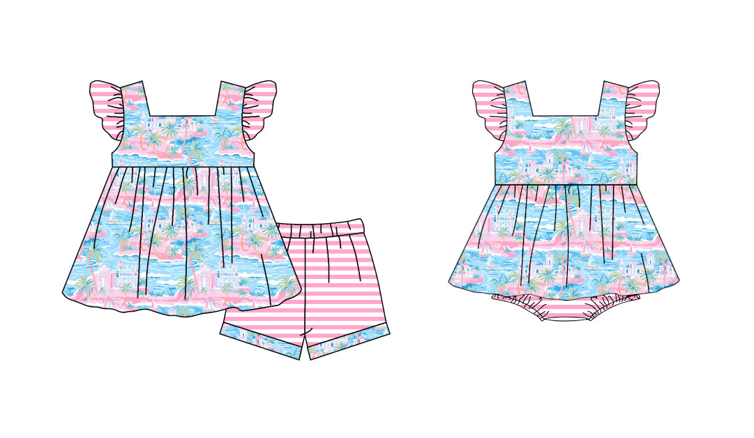 12.2 custom each style moq 5eta 4-6week Sibling Sister pattern baby girl short sleeve shorts sets and rompers match design
