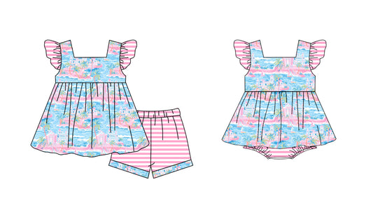 12.2 custom each style moq 5eta 4-6week Sibling Sister pattern baby girl short sleeve shorts sets and rompers match design
