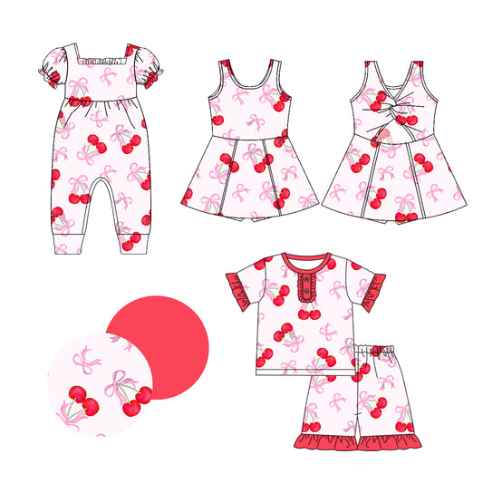 1.4 custom each style moq 5eta 4-6week Sibling Sistes bow cherry baby girl short sleeve shorts sets and dress and rompers match family design