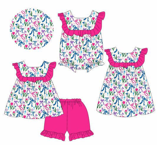 1.13 custom each style moq 5eta 4-6week Sibling Sisters bow baby girl short sleeve shorts sets and dress and rompers match family design