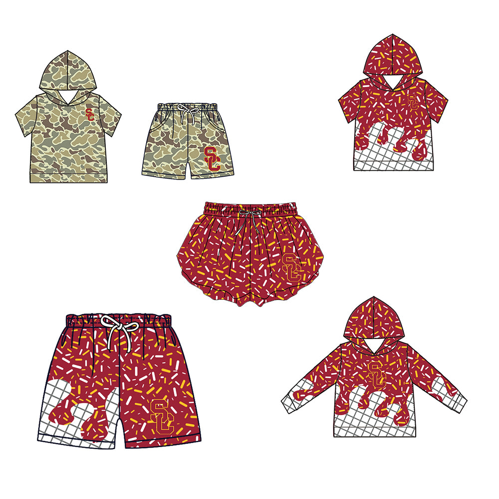 Custom moq 5 mix size milk silk summer teams Camo Hooded Short Sleeve Top Shorts Set Ice Cream Drips Red Hooded Top with Matching Shorts For Baby