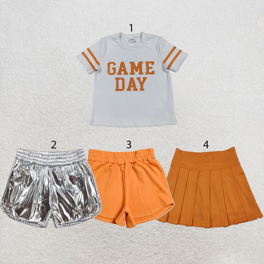 RTS NO MOQ Sibling yoga fabric Baby Girls Vinyl Orange Game Day Print Top Matching Shorts Two Piece Team Active Clothes Set