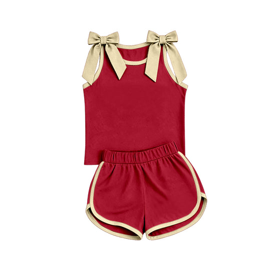 custom moq 5 mix size Baby Girls khaki Bow Sleeveless Red Top Shorts Team Athletic Set
