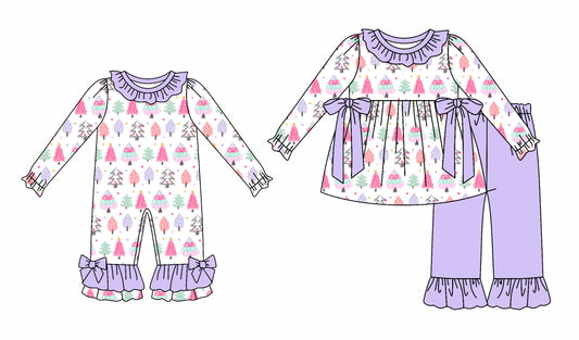 25.5.29 custom each style moq 5eta 4-6week Sibling Sisters Christmas trees baby girl long sleeve pants sets and rompers match family design