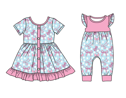 25.12.11 custom each style moq 5 eta 6-8week Sibling Sister bow baby short sleeve romper and dress match design