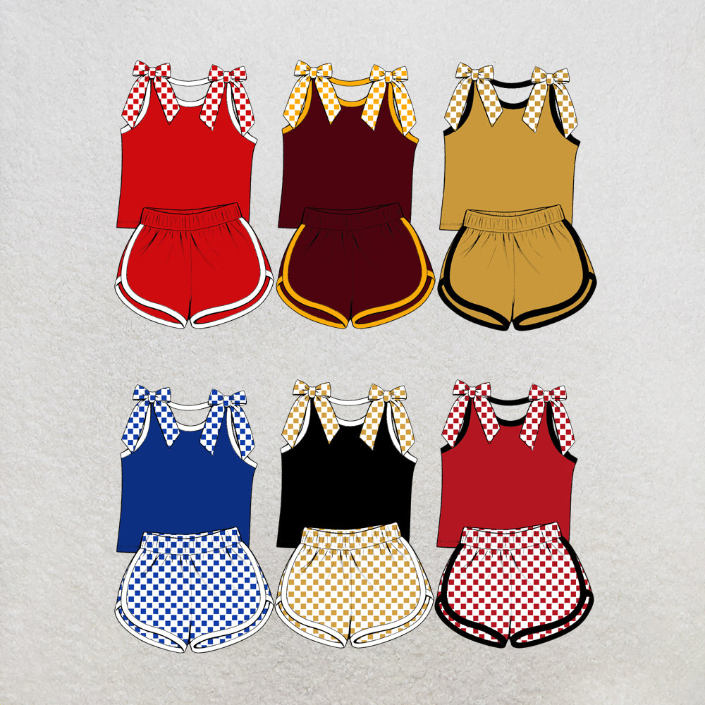 custom moq 5 mix size Baby Girls Checked Bow Sleeveless Top Shorts Summer Outfit Sets
