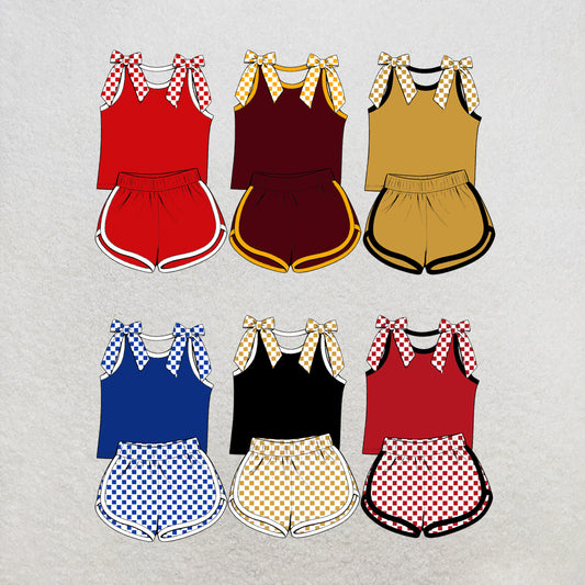 custom moq 5 mix size Baby Girls Checked Bow Sleeveless Top Shorts Summer Outfit Sets