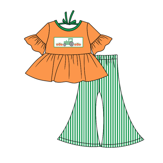 5.18custom each style moq 5eta 4-5week Sibling Sister Country style agricultural vehicle print green stripe stripe girls and boys outfits and baby romper match family design