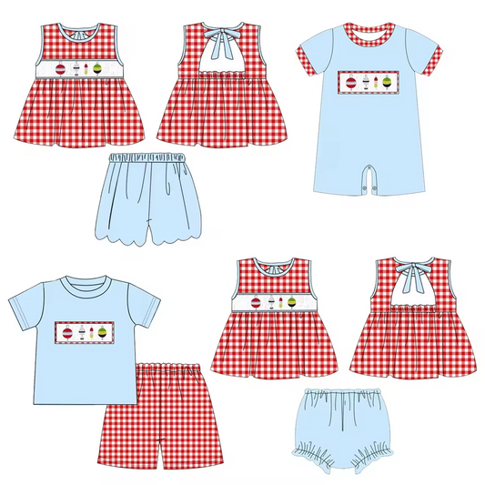 5.21custom each style moq 5eta 4-5week Sibling Sister Fishing series print red plaid blue girls and boys outfits and baby romper match family design