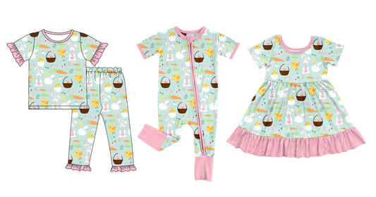 25.10.1 custom each style moq 8 eta 6-8week Sibling Sisters easter baby girl short sleeve pants sets and dress and rompers match family design