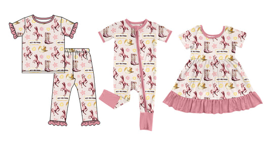 Custom moq 5 mix size Sibling Pink Baby Girl Short-Sleeved Pajama Set  Zipper Romper And Dress Outfit