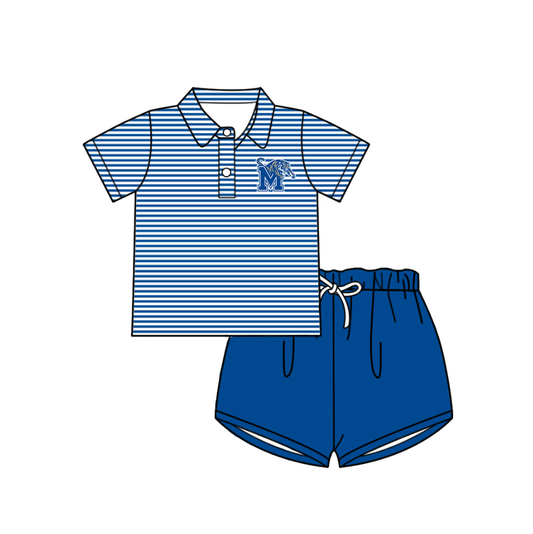 Custom moq 5 mix size milk silk summer teams Baby Boy's Blue Striped Polo Shirt And Shorts Set