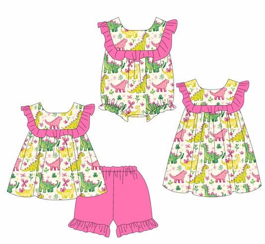 26.1.14 custom each style moq 5 eta 6-8week Sibling Sister dinosaur baby short sleeve shorts sets and romper and dress match design