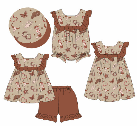 4.1 custom each style moq 5eta 4-6week Sibling Sisters boot cow head baby girl short sleeve shorts sets and dress and rompers match family design