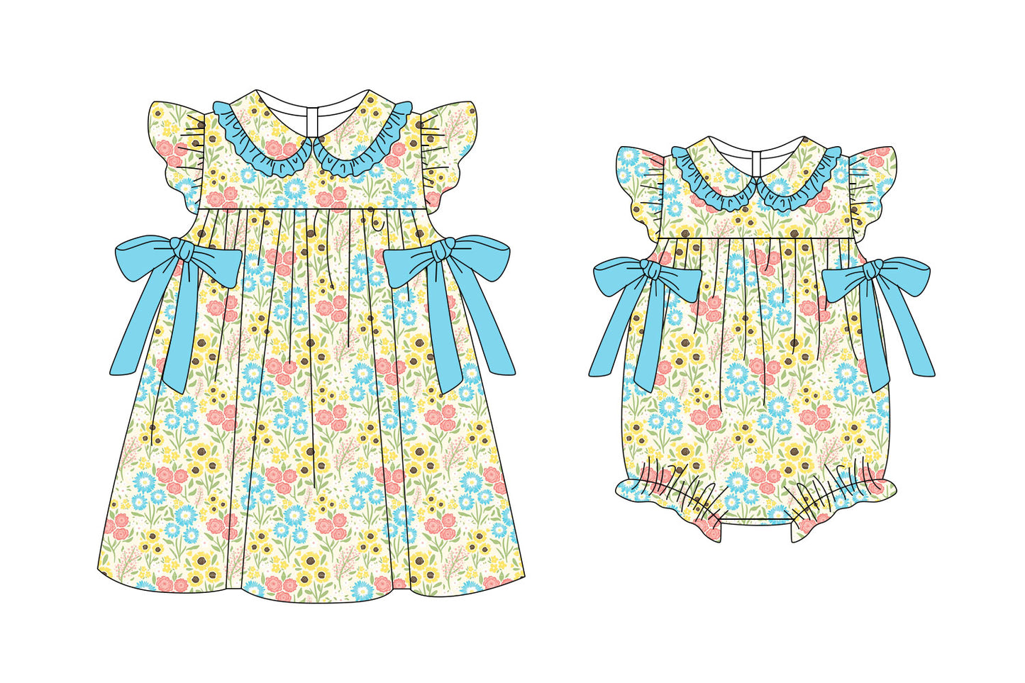 3.6 Custom moq 5 mix size Sibling Baby Girl's Floral Print Dress with Flutter Sleeves And Bow Matching Romper Set