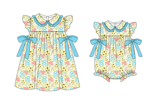 3.6 Custom moq 5 mix size Sibling Baby Girl's Floral Print Dress with Flutter Sleeves And Bow Matching Romper Set