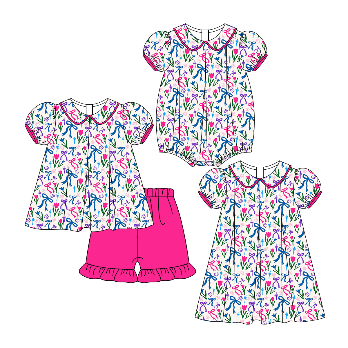 3.12 custom each style moq 5eta 4-6week Sibling Sisters bow floral baby girl short sleeve shorts sets and dress and rompers match family design