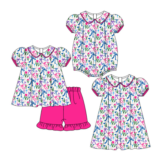 3.12 custom each style moq 5eta 4-6week Sibling Sisters bow floral baby girl short sleeve shorts sets and dress and rompers match family design