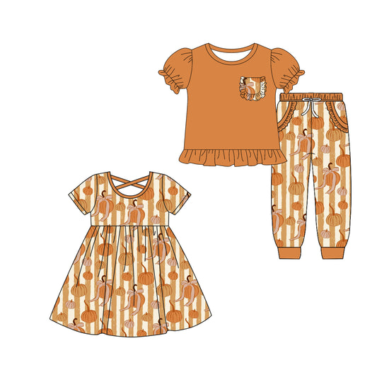 4.30 custom each style moq 5eta 4-6week Sibling Sister pumpkin bow baby girl pants sets and dress match family design